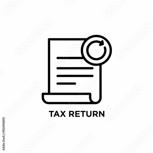 Simple black line icon representing tax return document with circular arrow symbol on a white background