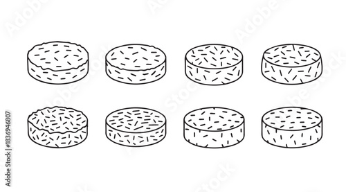 Eight isometric styled line drawing round biscuit cookies isolated on vector