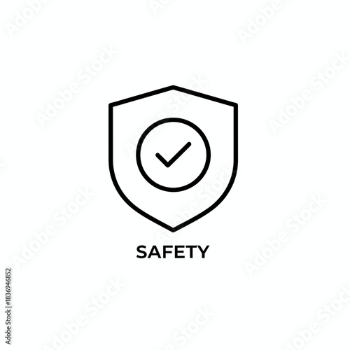 Safety icon illustration featuring a shield with a checkmark, symbolizing security and protection in a simple graphic design