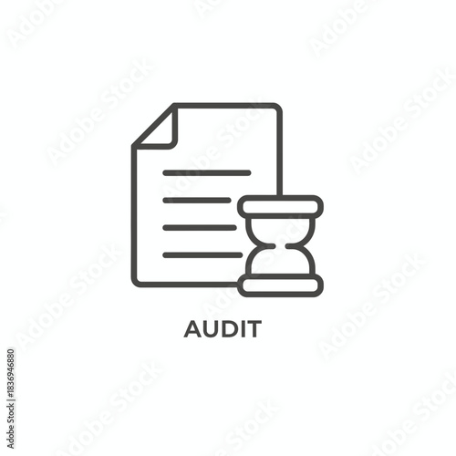 Audit icon symbolizing financial review and analysis with document and hourglass illustration