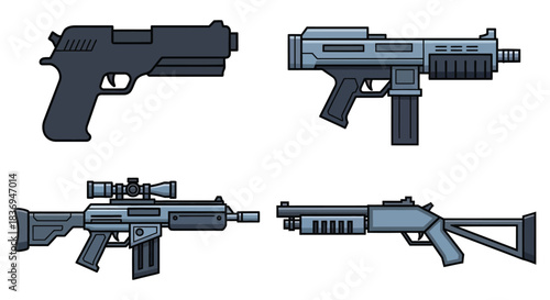 Modern firearms collection with pistols and rifles