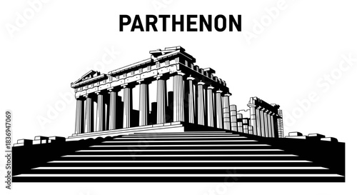 Black and white illustration of the ancient Greek Parthenon temple with its iconic columns and steps, a symbol of classical architecture.
