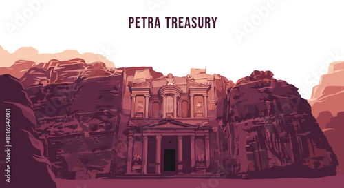 A stylized illustration of the ancient Nabataean city of Petra, showcasing its famous Treasury facade carved into a sandstone cliff.