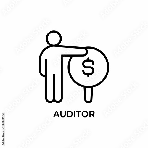 Auditor financial inspection icon showing a person analyzing a dollar sign with a magnifying glass, ideal for business and accounting graphics and fiscal review