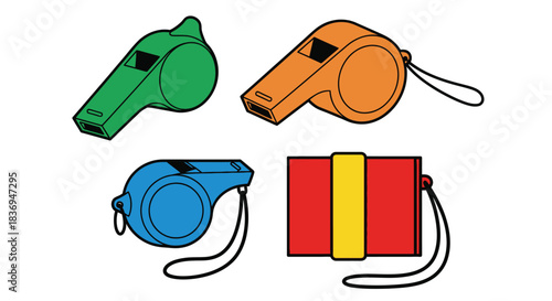 Colorful whistles in green, orange, blue, and red