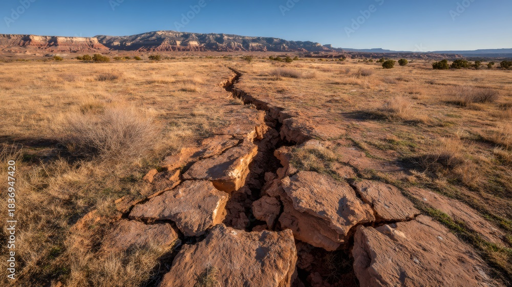 Obraz premium Large crack splitting arid desert landscape, dry earth erosion forming a prominent fault line in natural environment