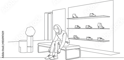 Woman Sitting in Shoe Store, Trying On Shoes