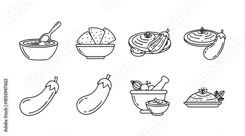 Hand drawn culinary elements featuring eggplant dishes salads and ingredients artistic sketch collection vector