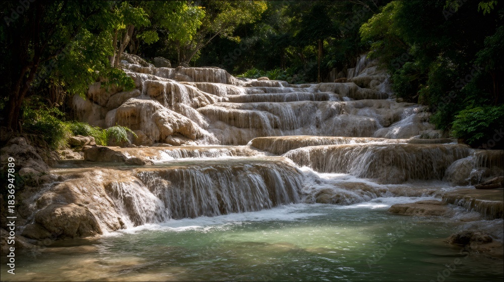 Fototapeta premium Lush green forest river flowing over natural limestone rock cascades, creating clear turquoise pools, tranquil nature scene