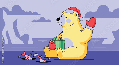 Smiling polar bear in Santa hat holding gift by icy sea with fish