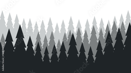 A dense forest of evergreen trees rendered in varying shades of gray, creating a layered, abstract landscape.