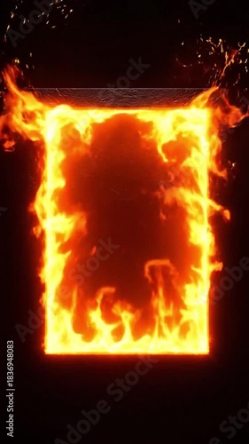 Burning fiery frame with intense flames, fire energy, and glowing heat in dark environment, graphic visual concept from close-up viewpoint