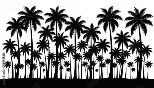 Black silhouette of a tropical palm tree forest or grove against a white background, depicting a serene island landscape.