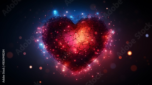 Glowing Red Heart Surrounded by Network of Connected Dots, Artistic Digital Background