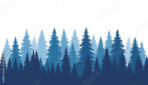 A dense forest of evergreen trees in varying shades of blue, creating a layered silhouette against a white background.