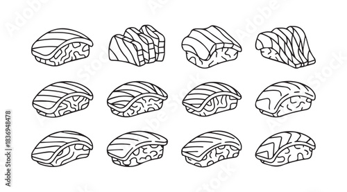 Collection of detailed hand-drawn sushi and sashimi pieces artistic food elements isolated vector
