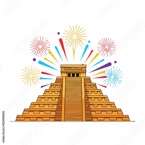 Chichen Itza pyramid under a dramatic night sky filled with New Year fireworks