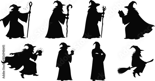 Silhouettes of witches with staffs brooms and hats in various poses