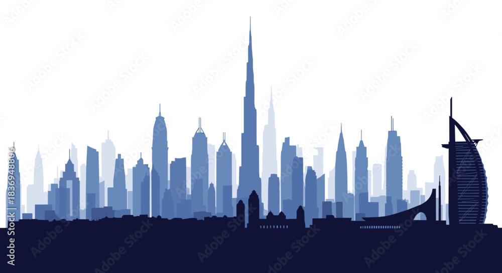 Fototapeta premium A striking silhouette of the Dubai skyline, featuring iconic skyscrapers like the Burj Khalifa and the Burj Al Arab, rendered in shades of blue.