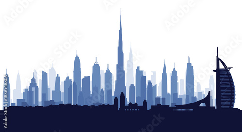 A striking silhouette of the Dubai skyline, featuring iconic skyscrapers like the Burj Khalifa and the Burj Al Arab, rendered in shades of blue.