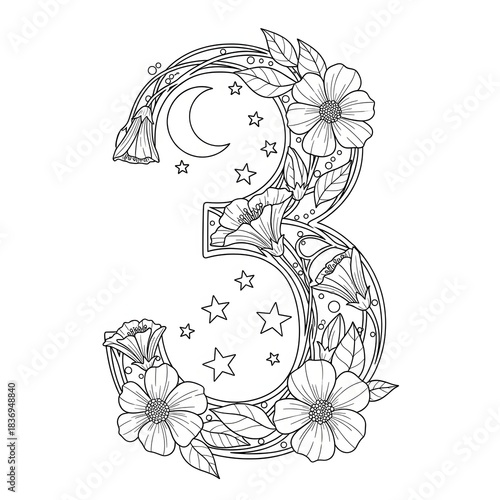 Floral number 3 coloring page. Botanical and celestial illustration. Decorative number with blooming flowers, stars, moon, and leaves. Intricate printable activity sheet for adults