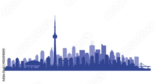 A detailed blue silhouette of the Toronto city skyline featuring the iconic CN Tower, various skyscrapers, a stadium, and a bridge.