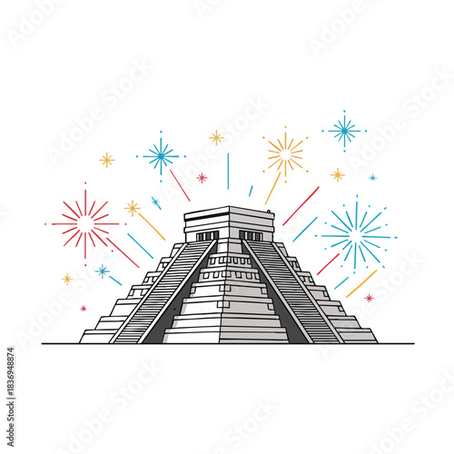 Chichen Itza pyramid under a dramatic night sky filled with New Year fireworks