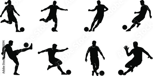 Silhouettes of athletes in dynamic poses playing soccer or football