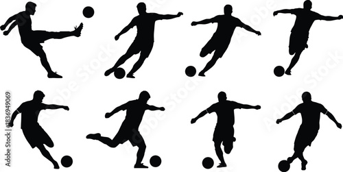 Silhouettes of soccer players in various action poses with a ball