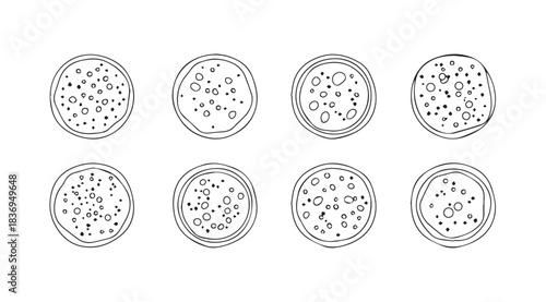 Set of eight hand-drawn pizza icons with various toppings in a scratchy outline style vector