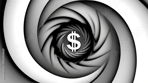 cynicism. A distorted spiral pattern featuring a currency symbol at its center in monochromatic graphic design style. pitch deck slides.
