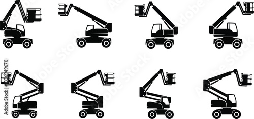 Illustrations of construction boom lifts in various extended and retracted positions