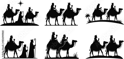 Silhouettes of the three wise men journeying with camels to bethlehem
