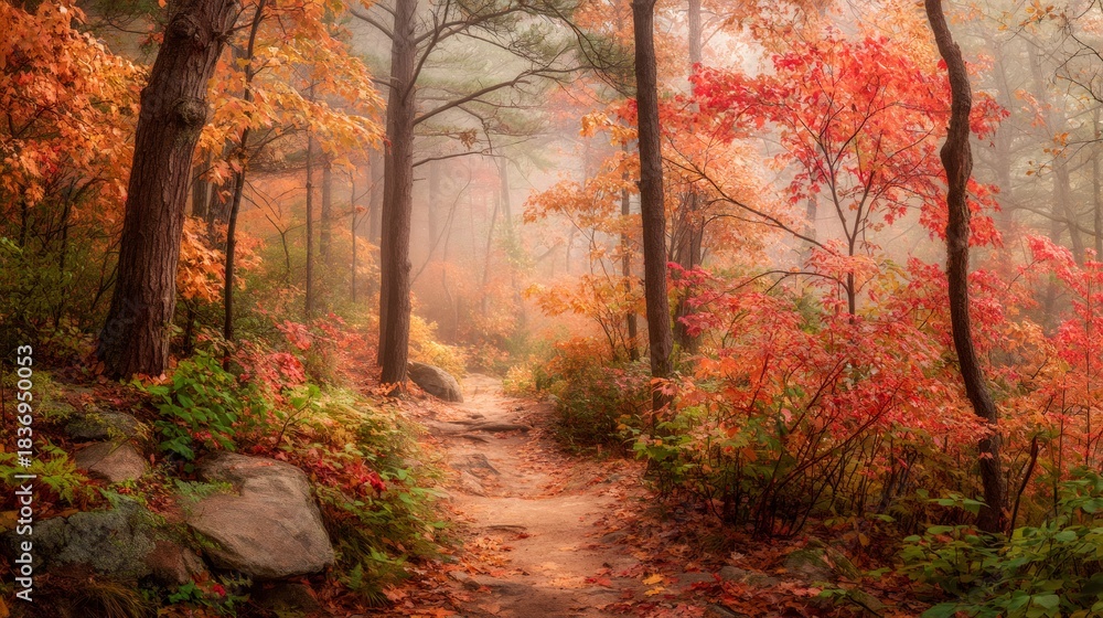 Obraz premium Forest path winding through vibrant autumn foliage and foggy atmosphere, creating a serene and seasonal nature scene