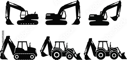 Silhouettes of construction vehicles excavators and loaders in a monochrome style