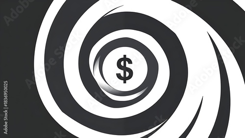 cynicism. A distorted spiral pattern featuring a currency symbol at its center in monochromatic graphic design style. pitch deck slides.