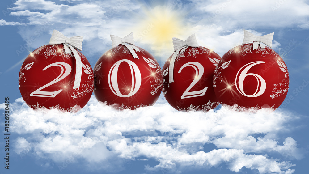 Fototapeta premium Illustrazione 3D. Anno nuovo 2026. Capodanno 2026 in numeri e con decorazione natalizia. Cielo e Nuvole.