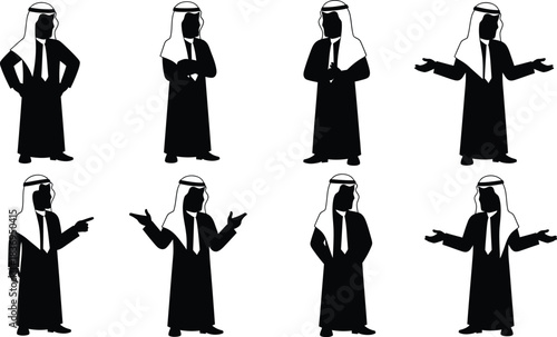 Silhouettes of arab men in traditional clothing various poses displayed