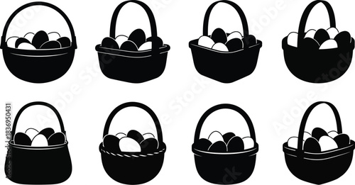 Collection of black silhouette baskets filled with white eggs arranged in rows