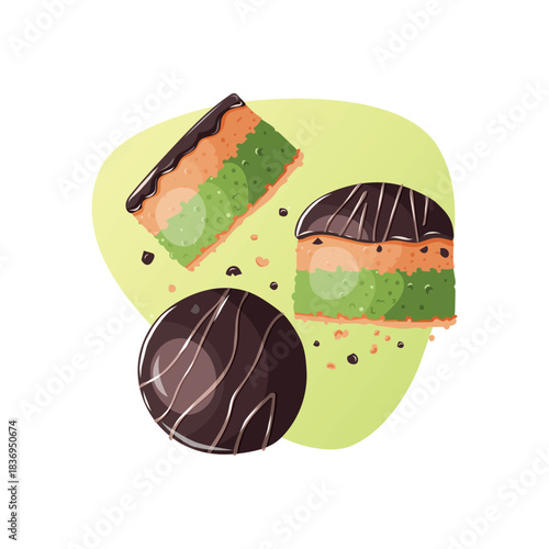 hand drawn vector chocolate glazed cookies with pistachio cream