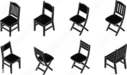 A collection of black chairs shown from various angles and perspectives