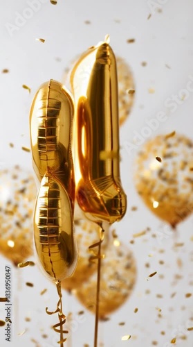 Golden 18 balloons floating with confetti on white background