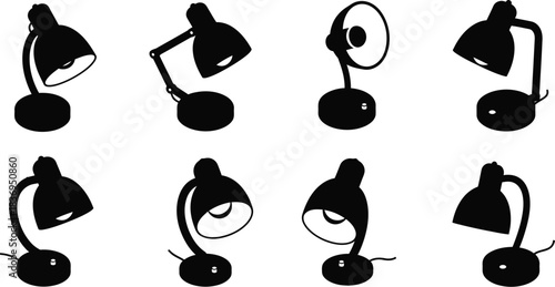 Silhouettes of various desk lamps arranged in a grid pattern