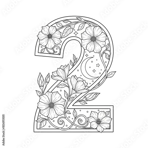 Floral number 2 coloring page. Botanical and celestial illustration. Decorative number with blooming flowers, stars, moon, and leaves. Intricate printable activity sheet for adults