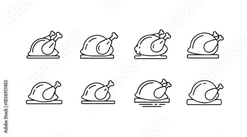 Set of eight roasted chicken icons featuring subtle sketchy lines and variations in pose vector