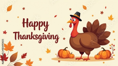 A cartoon turkey wearing a pilgrim's hat stands next to pumpkins, perfect for Thanksgiving or fall-themed designs