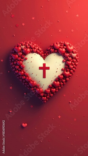 A heart with a cross symbolizing faith and love, surrounded by other hearts representing unity and togetherness