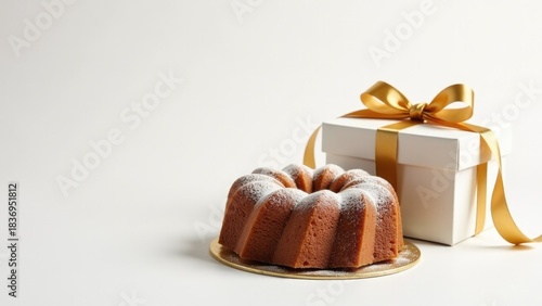 A bundt cake sitting on top of a plate next to a gift box, perfect for celebrations or special occasions