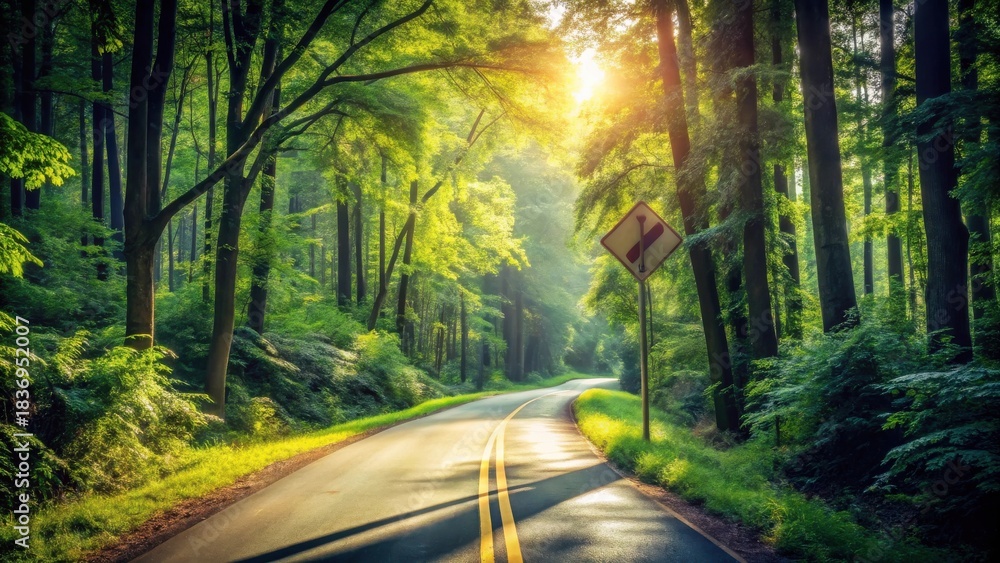 Fototapeta premium Serene Forest Road Winding Through Lush Greenery at Sunrise with a Road Sign