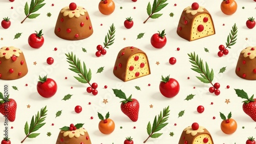 Pattern of Christmas puddings and strawberries on a white background, great for holiday or winter themed designs